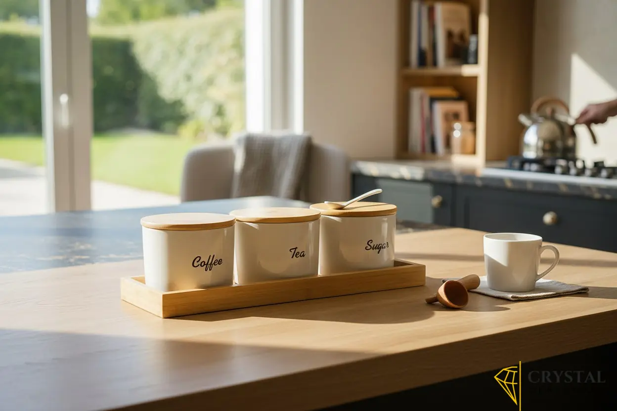 StyleServe kitchen canister set includes three white jars with script labels and matching bamboo lids